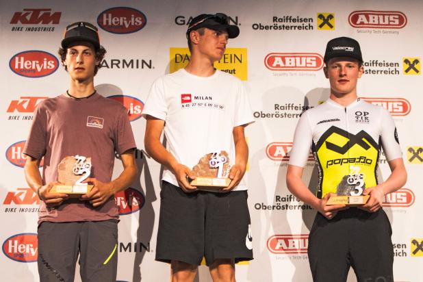 Adam Haluska (1. Platz), Elias Peer (2. Platz) und David Schöftner (3. Platz) - Sieger Salzkammergut Trophy 2024 - Strecke F (Foto: Moritz Purgstaller)